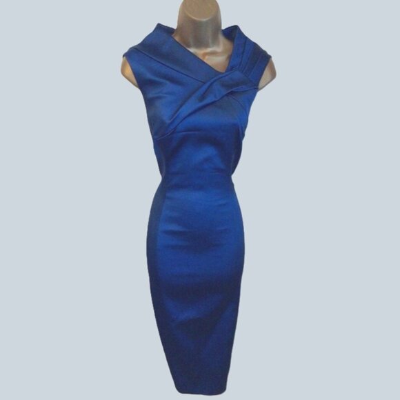 Stunning Karen Millen Electric Blue Satin Folded Collar Sleeveless Dress Size 4 - Picture 2 of 16